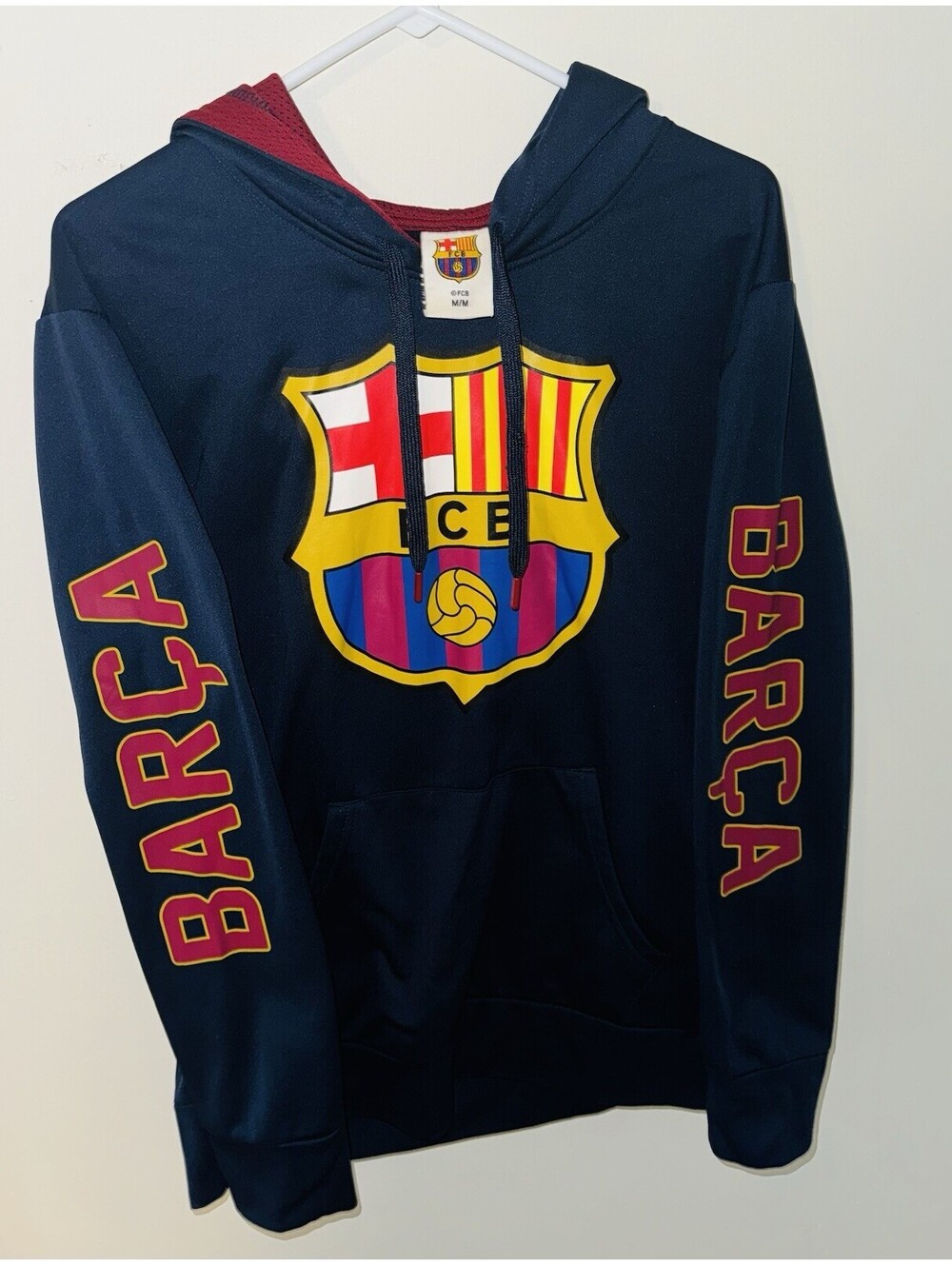 FC Barcelona Men's Medium Blue Polyester Pullover Hoodie with Pockets